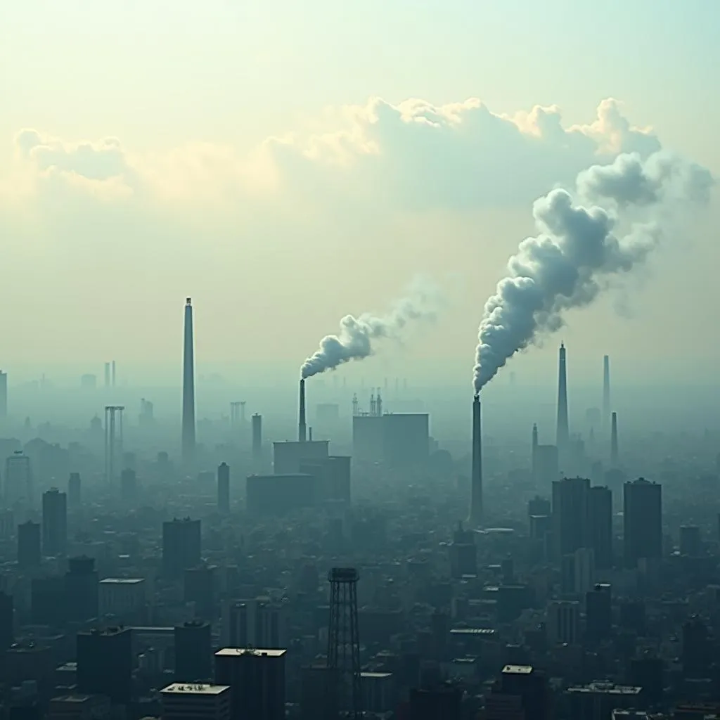 Air pollution caused by industrial activities in an urban city with visible smog.