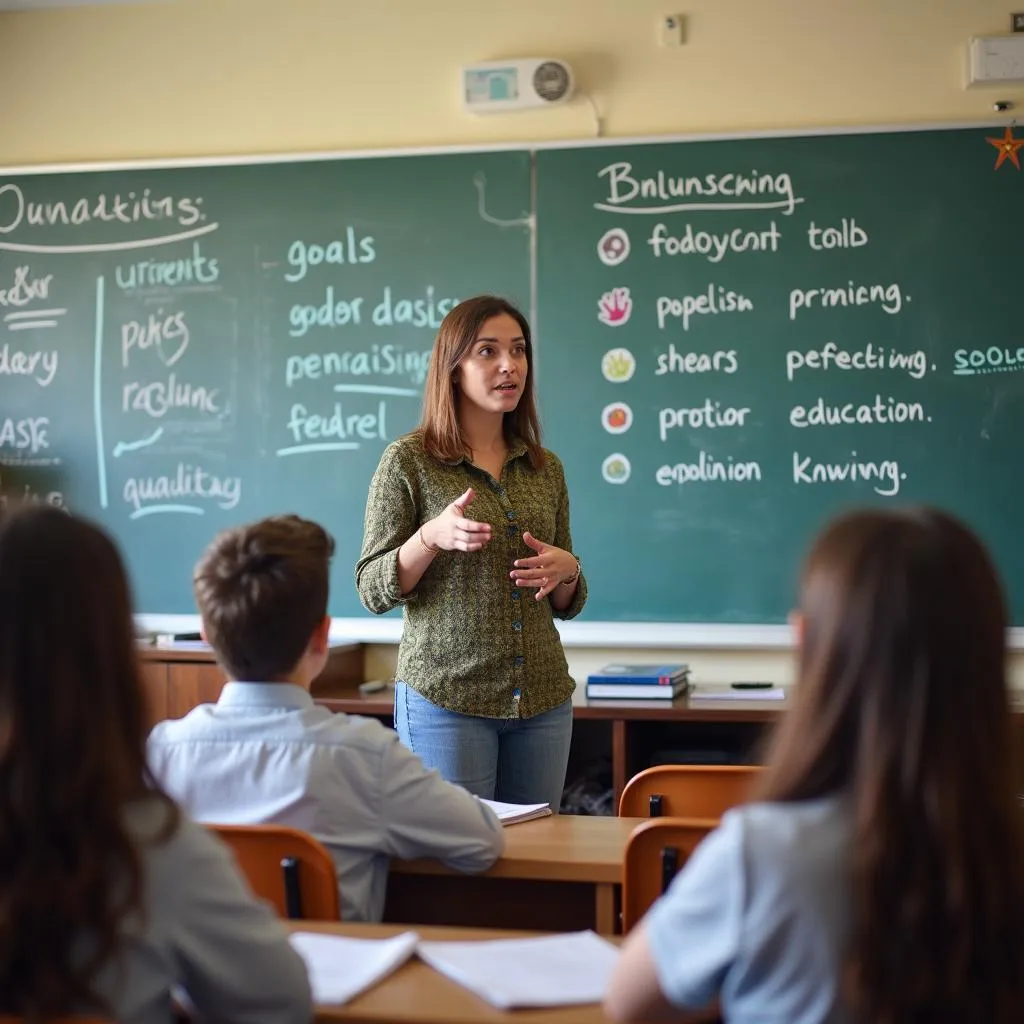 Classroom setting discussing SDGs and sustainability concepts