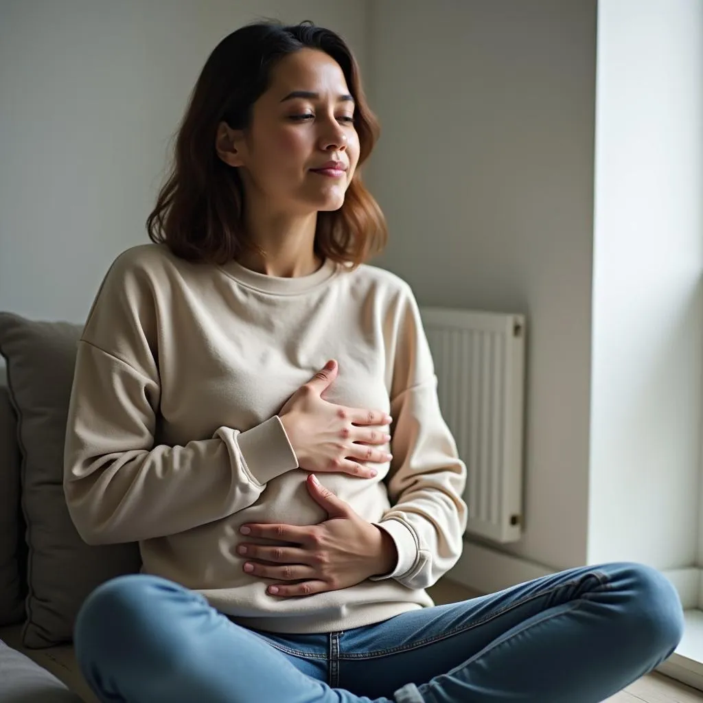 Person practicing deep breathing exercises for PTE exam relaxation