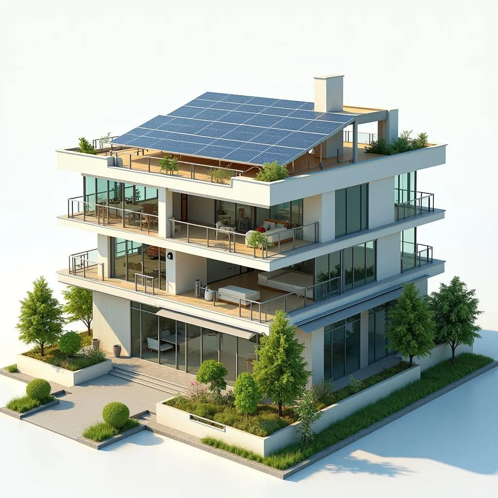 Sustainable building with solar panels and green roof