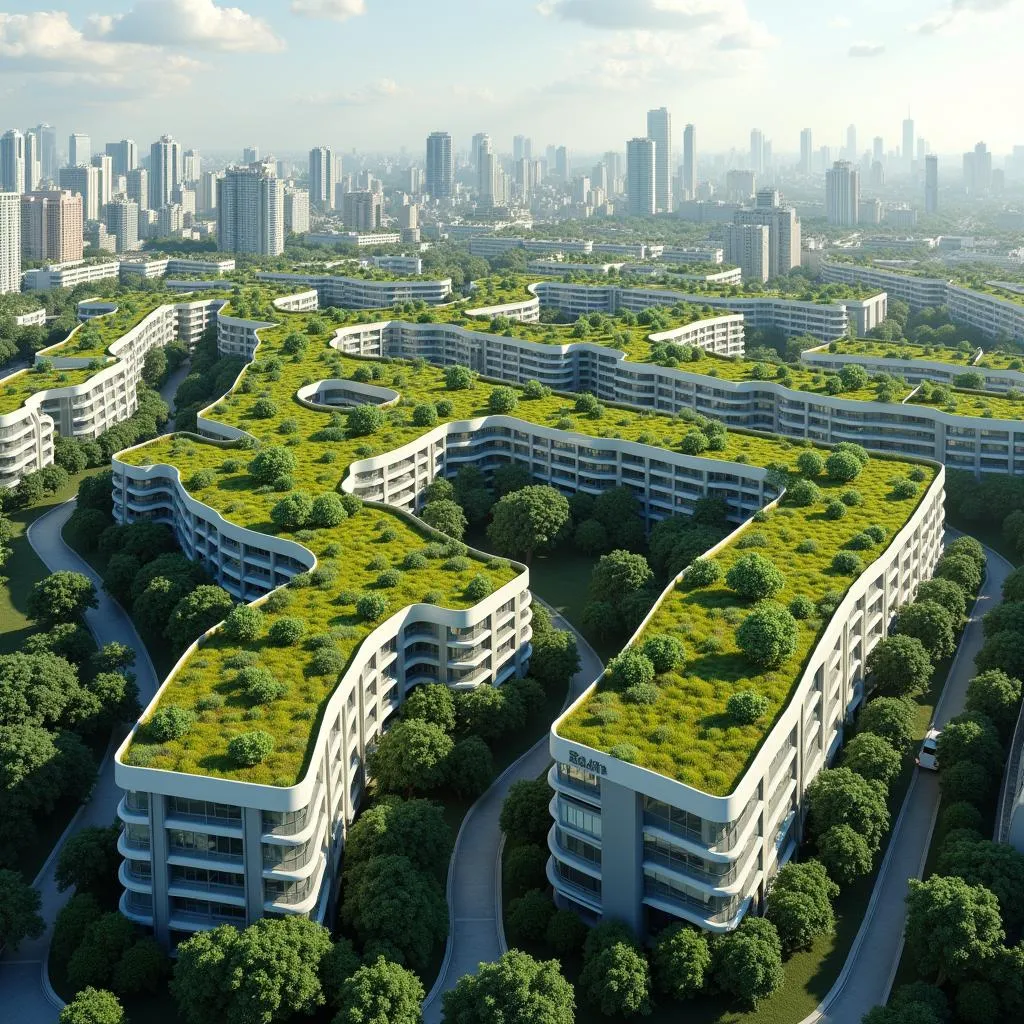 Green roof in urban city with eco-friendly design, mitigating carbon emissions