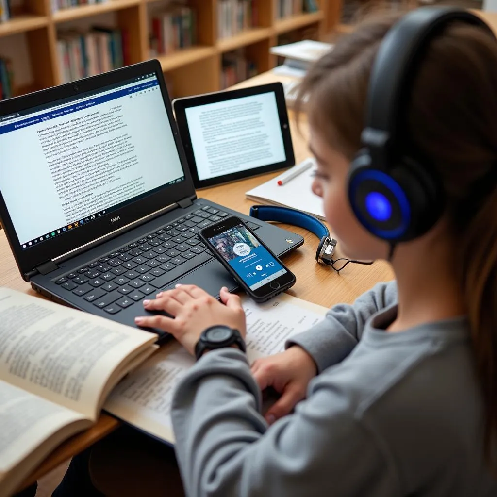 Student surrounded by English learning materials