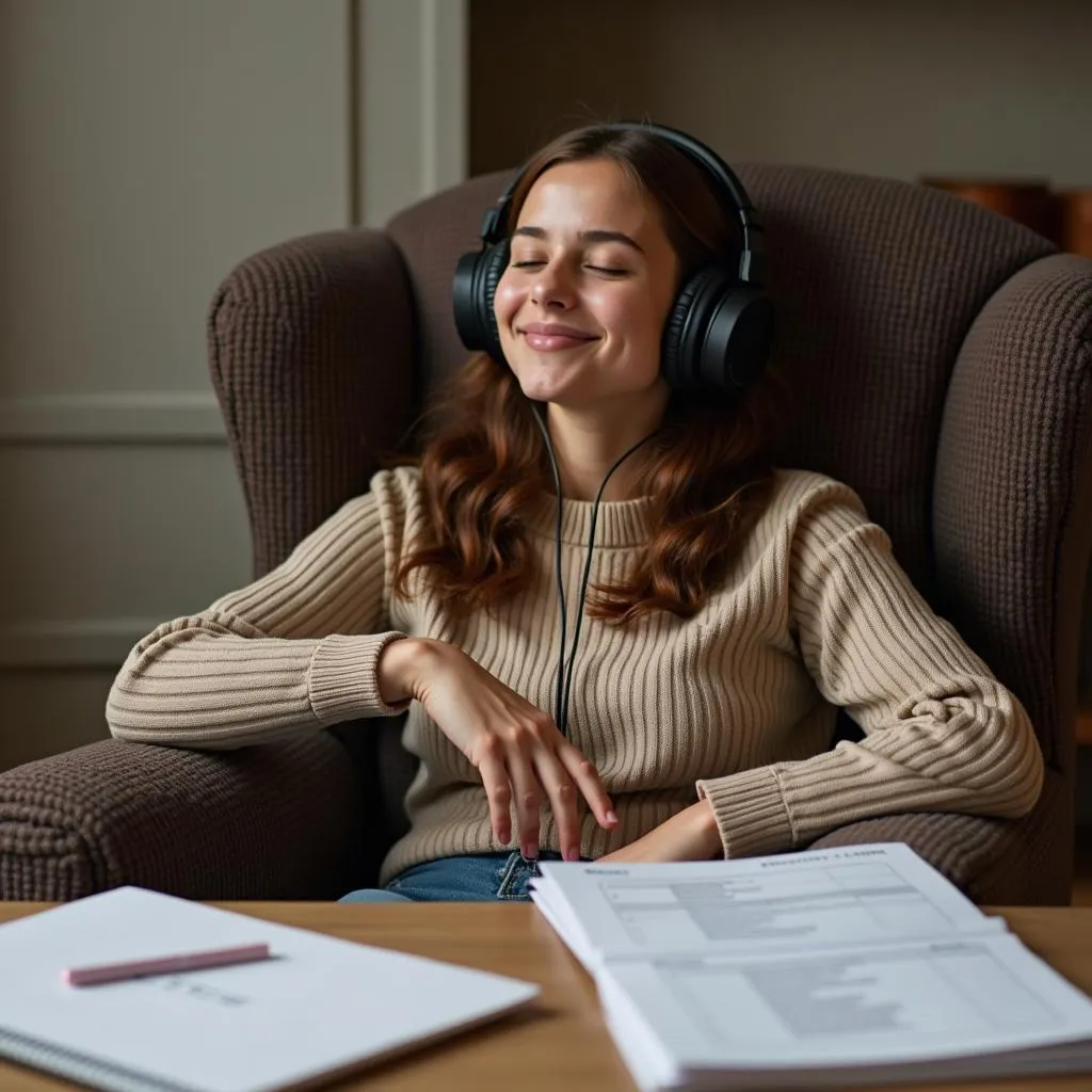 Person relaxing with headphones before PTE exam