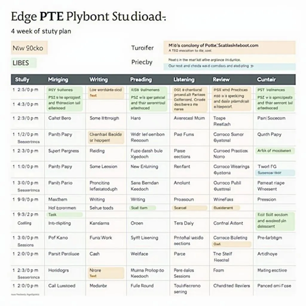 PTE 4-week study plan on a calendar