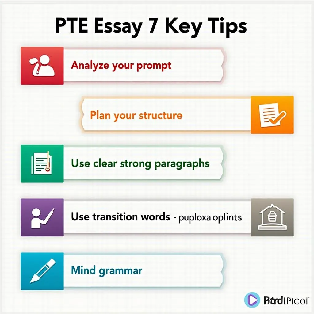 Infographic showcasing key PTE essay writing tips