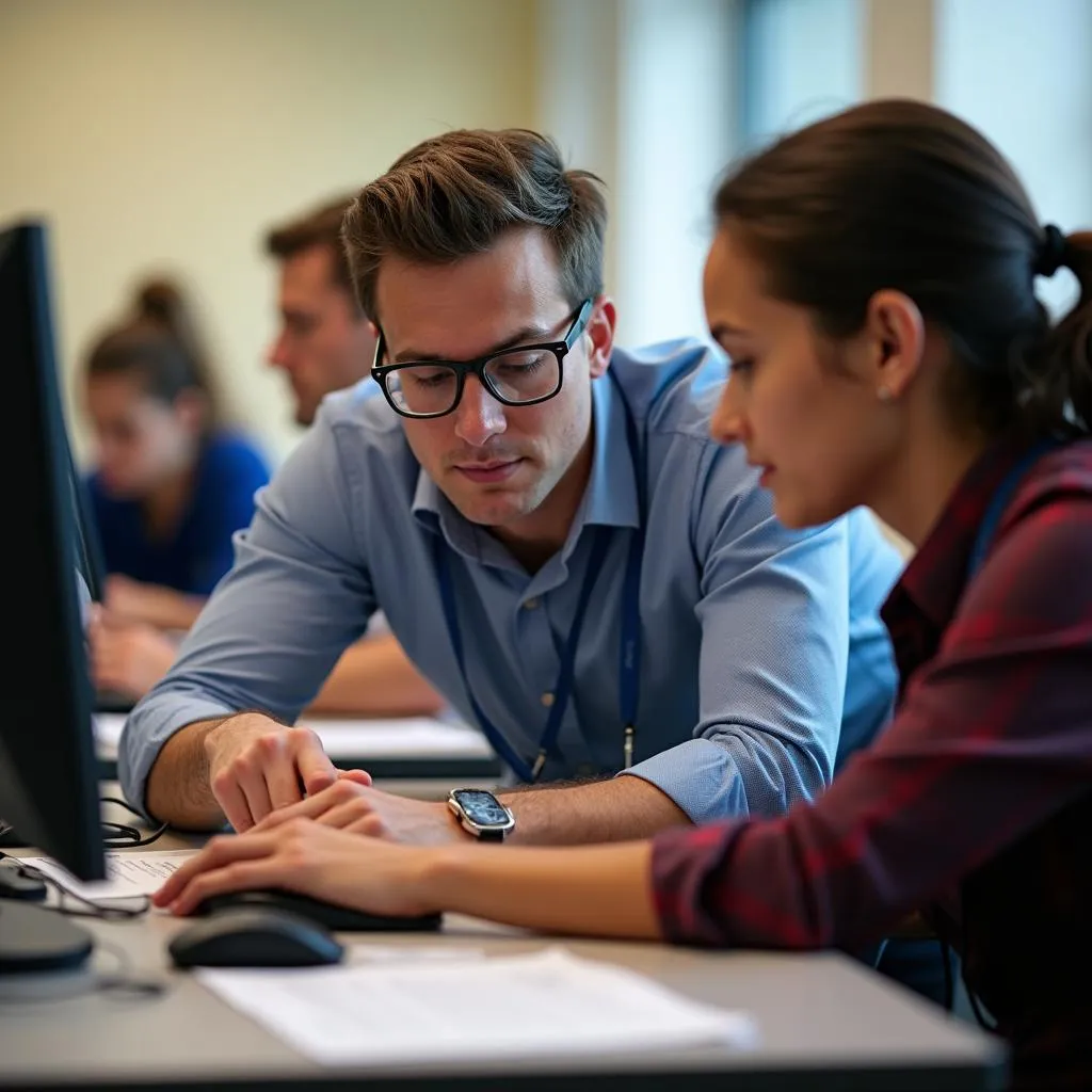 PTE exam proctor assisting a test-taker