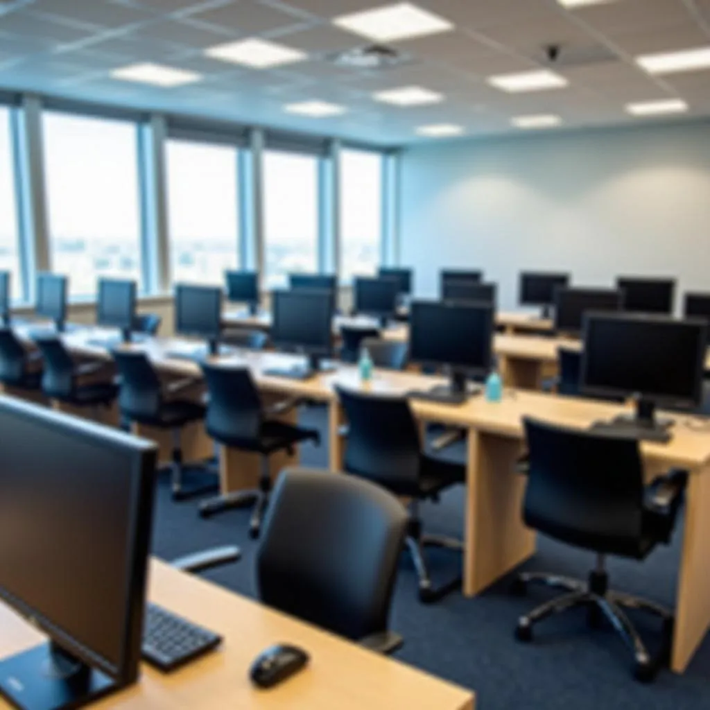 PTE exam room setup with computer stations