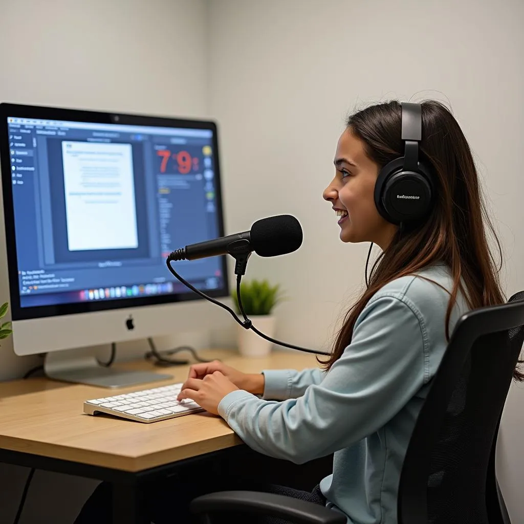 Student practicing PTE speaking in a simulated exam environment