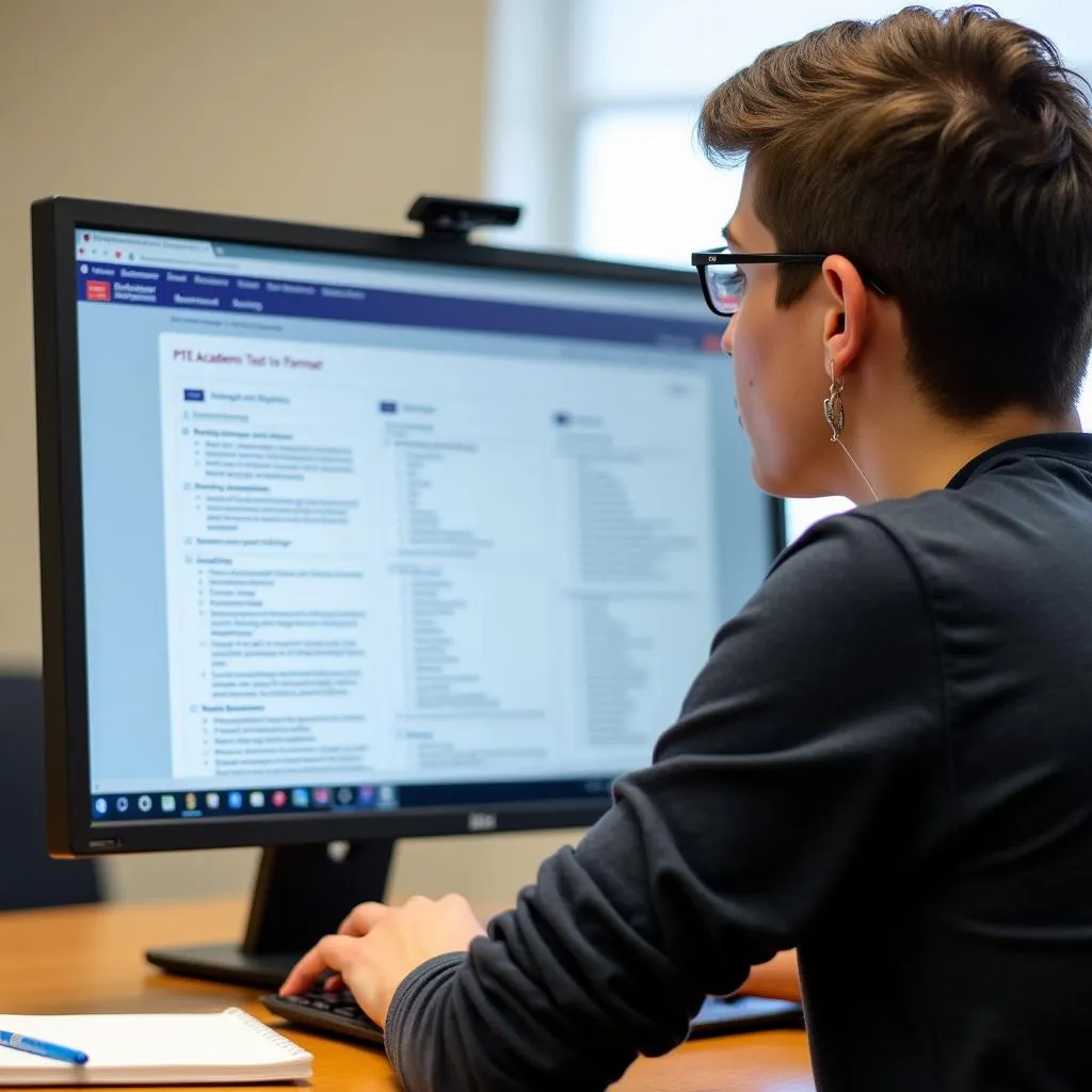 Student reviewing PTE test format on computer