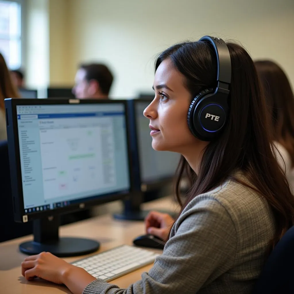 PTE test-taker focused on computer screen