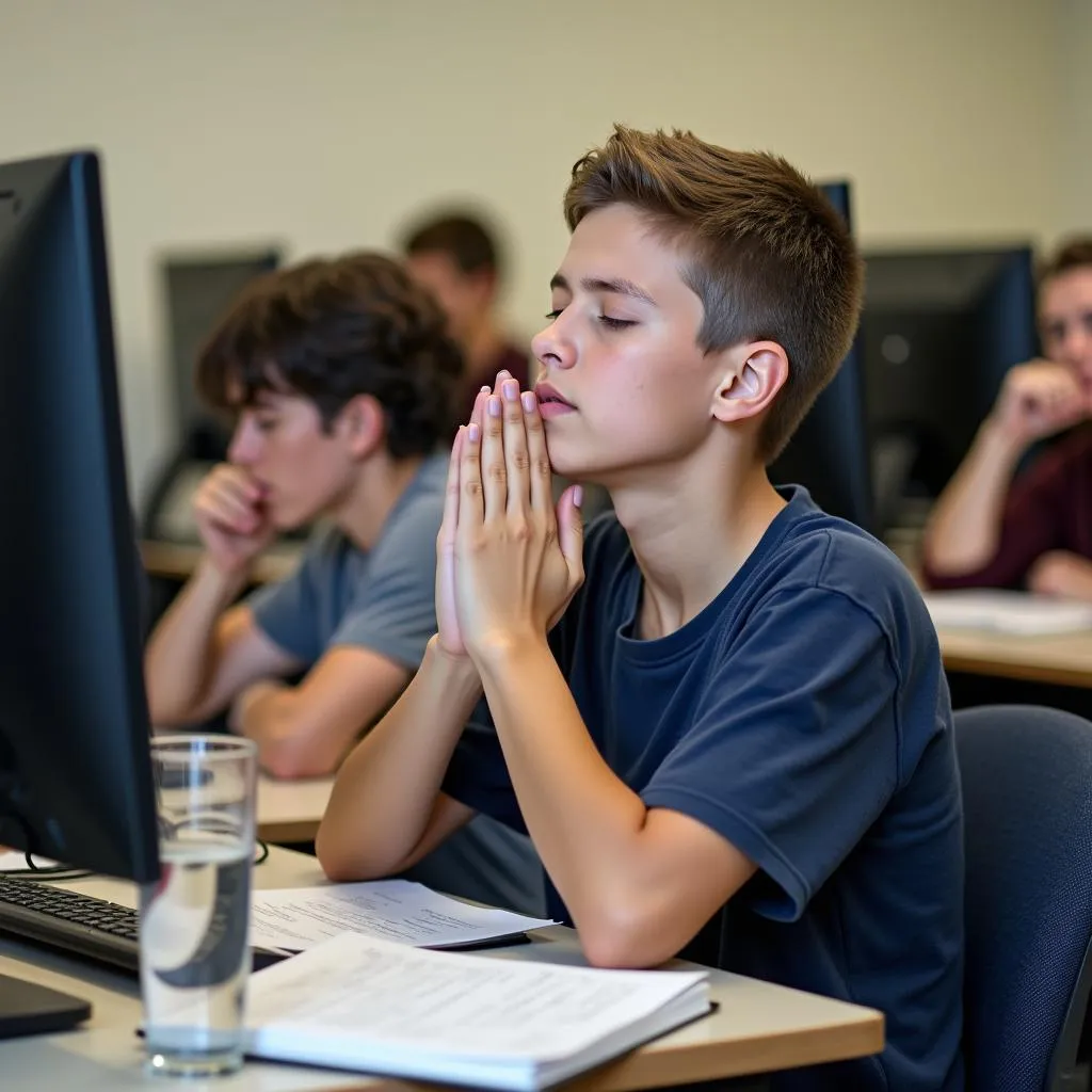 Student applying stress management techniques during PTE test