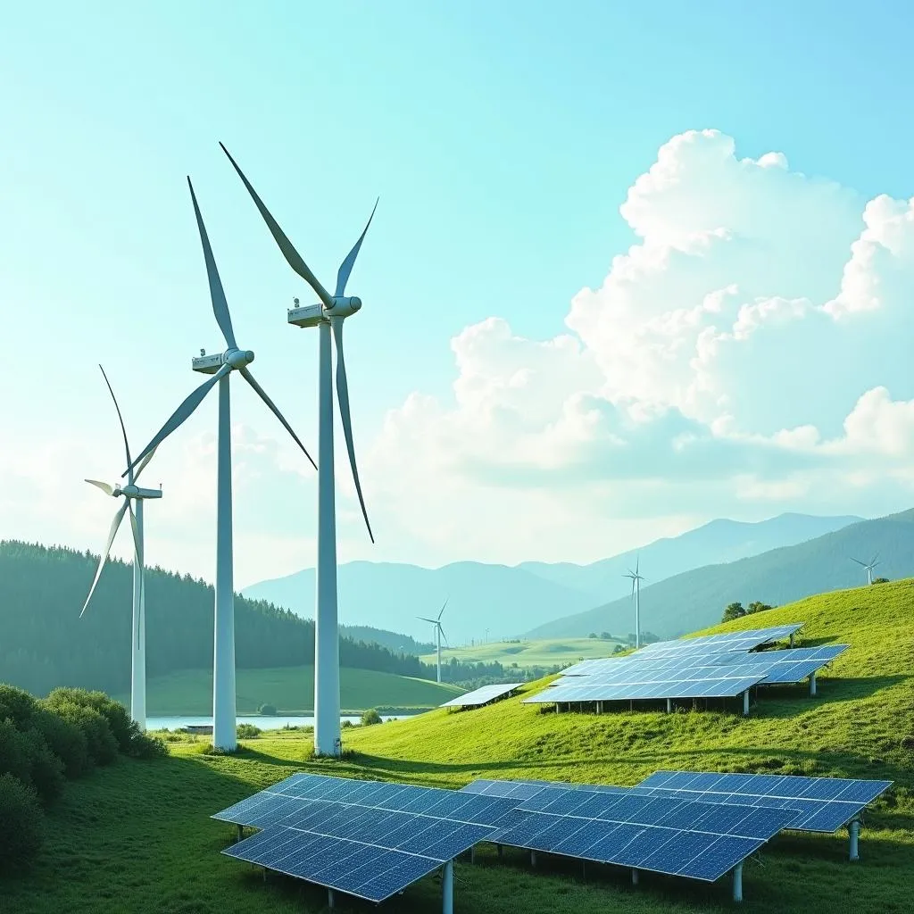 Wind turbines and solar panels in renewable energy production