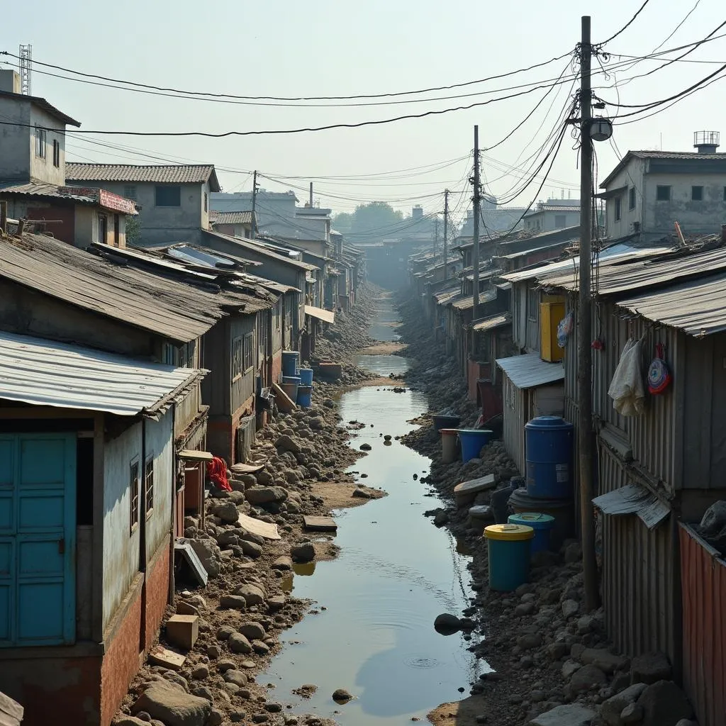 Overcrowded slums with inadequate infrastructure in developing nations