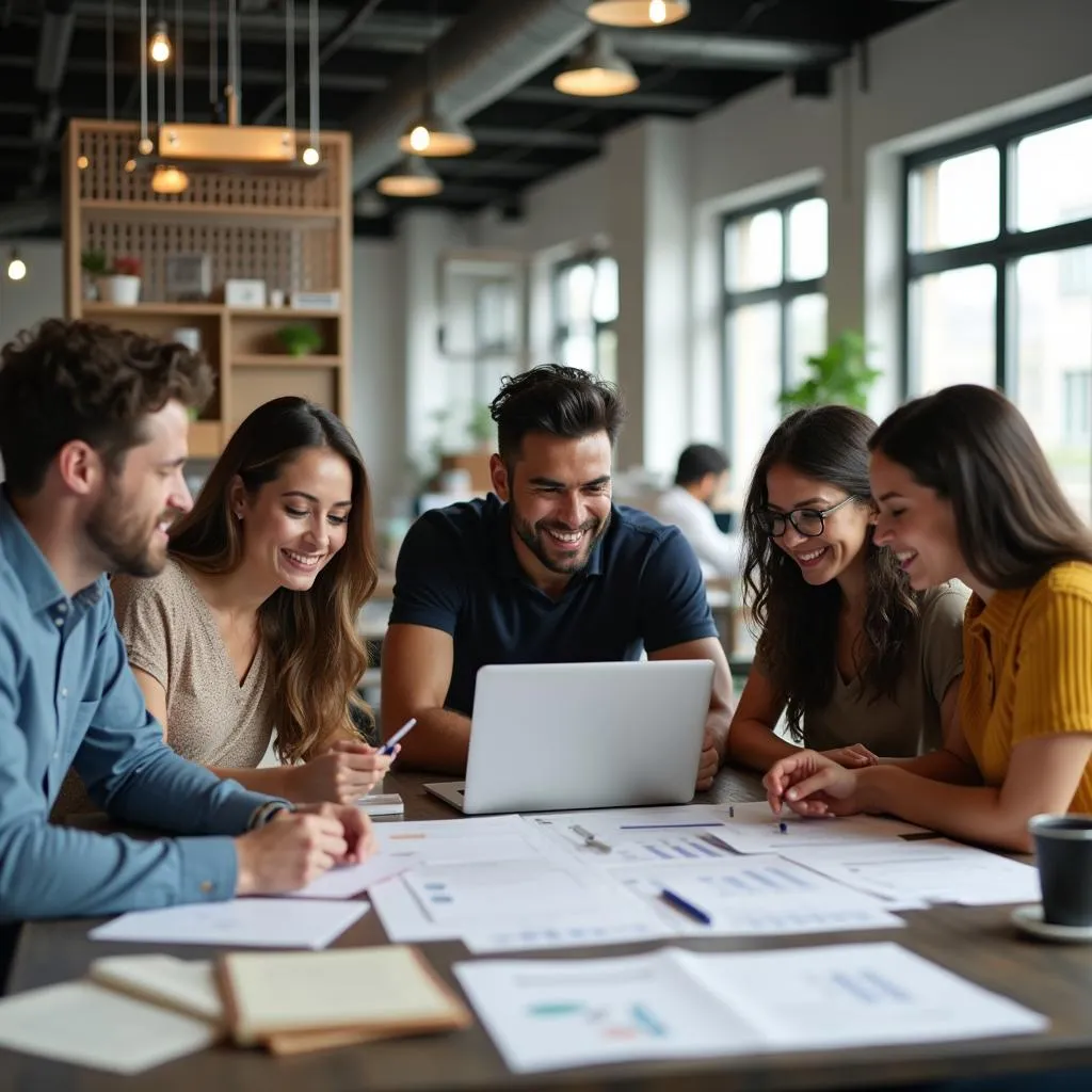 Multicultural team collaborating in a modern workspace