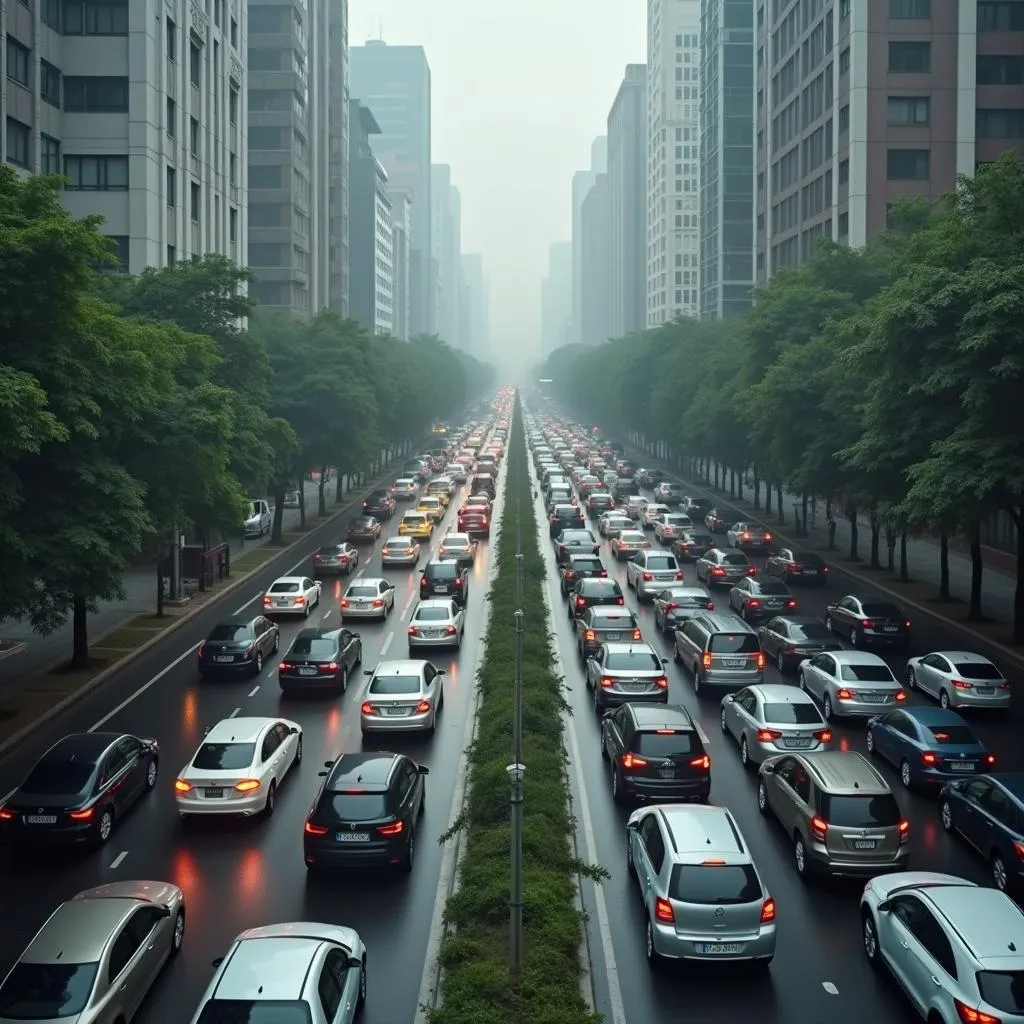 Heavy urban traffic congestion contributing to higher vehicle emissions and air pollution.